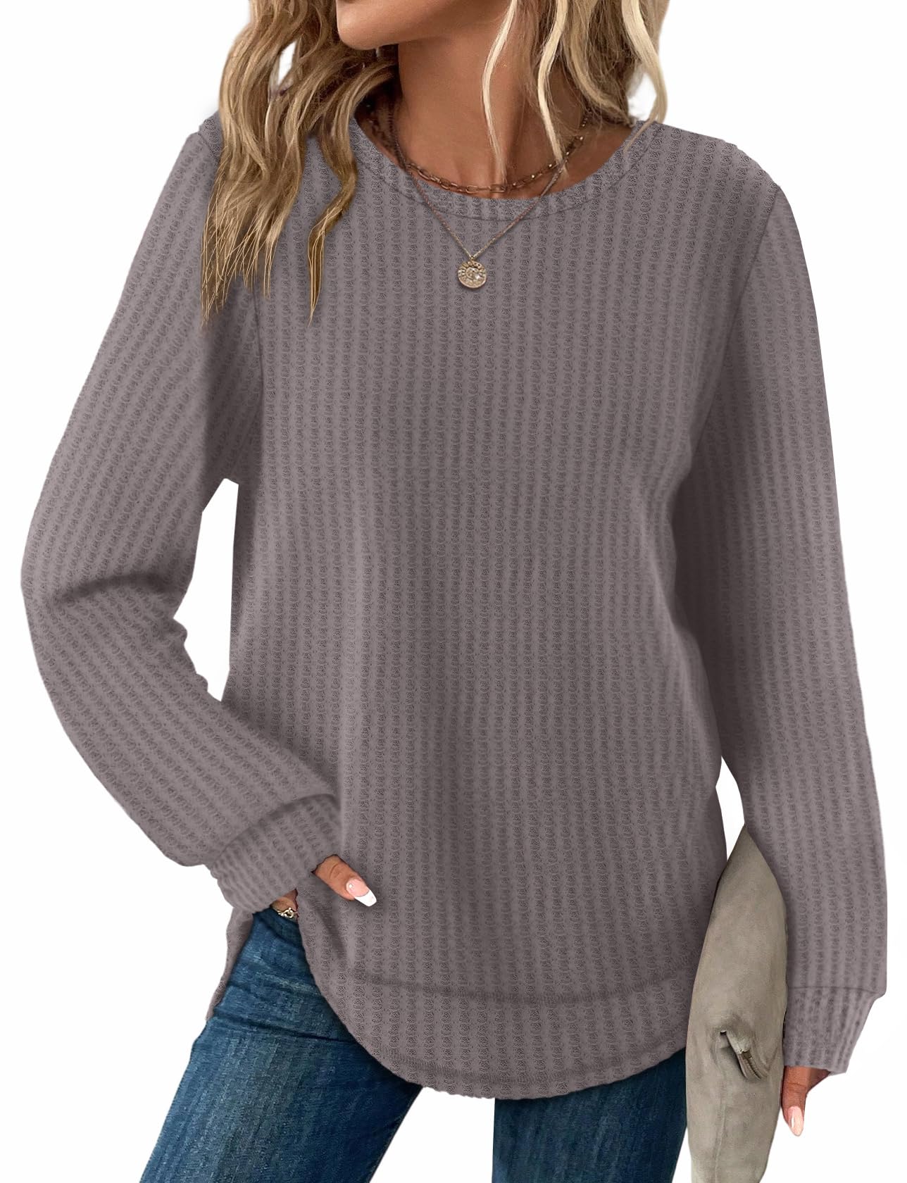 Women's Tunic Tops - Loose Fit Waffle Knit Long Sleeve Crewneck Sweaters