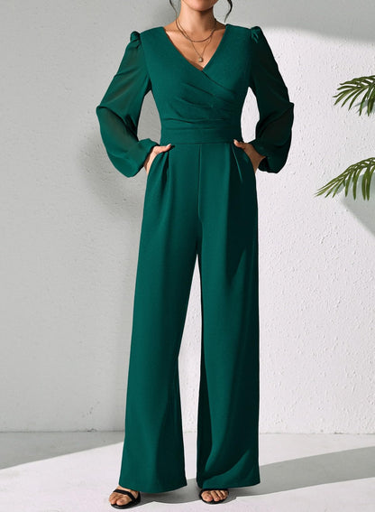 Pink Queen Jumpsuits for Women Dressy Patchwork Chiffon Sleeve V Neck Wide Leg Romper Holiday Party Outfits