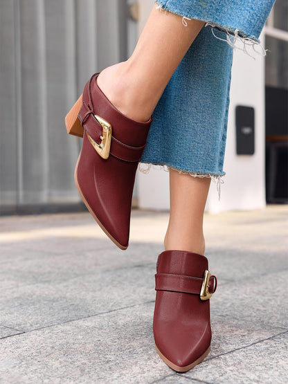 Coutgo Womens Mules Boots Chunky Stacked Heel Pointed Toe Booties Slip On Dress Boot Shoes with Buckle Decoration, Reddish Brown, Size 6.5