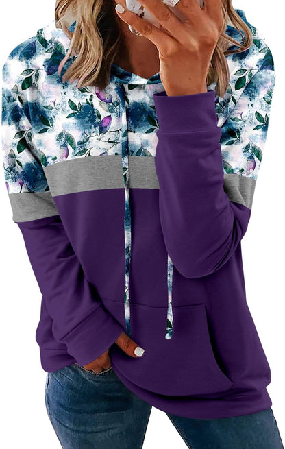 Pullover Hoodie - Tie Dye & Floral Print Hooded Sweatshirt with Pockets Large G-ink Purple