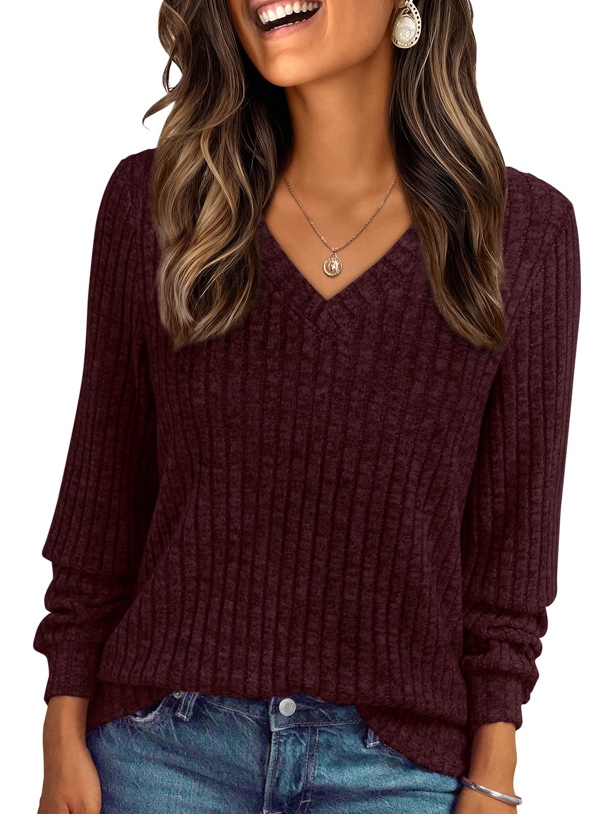 V Neck Long Sleeve Sweater for Women - Loose Fit Tunic Top for Fall & Winter Maroon