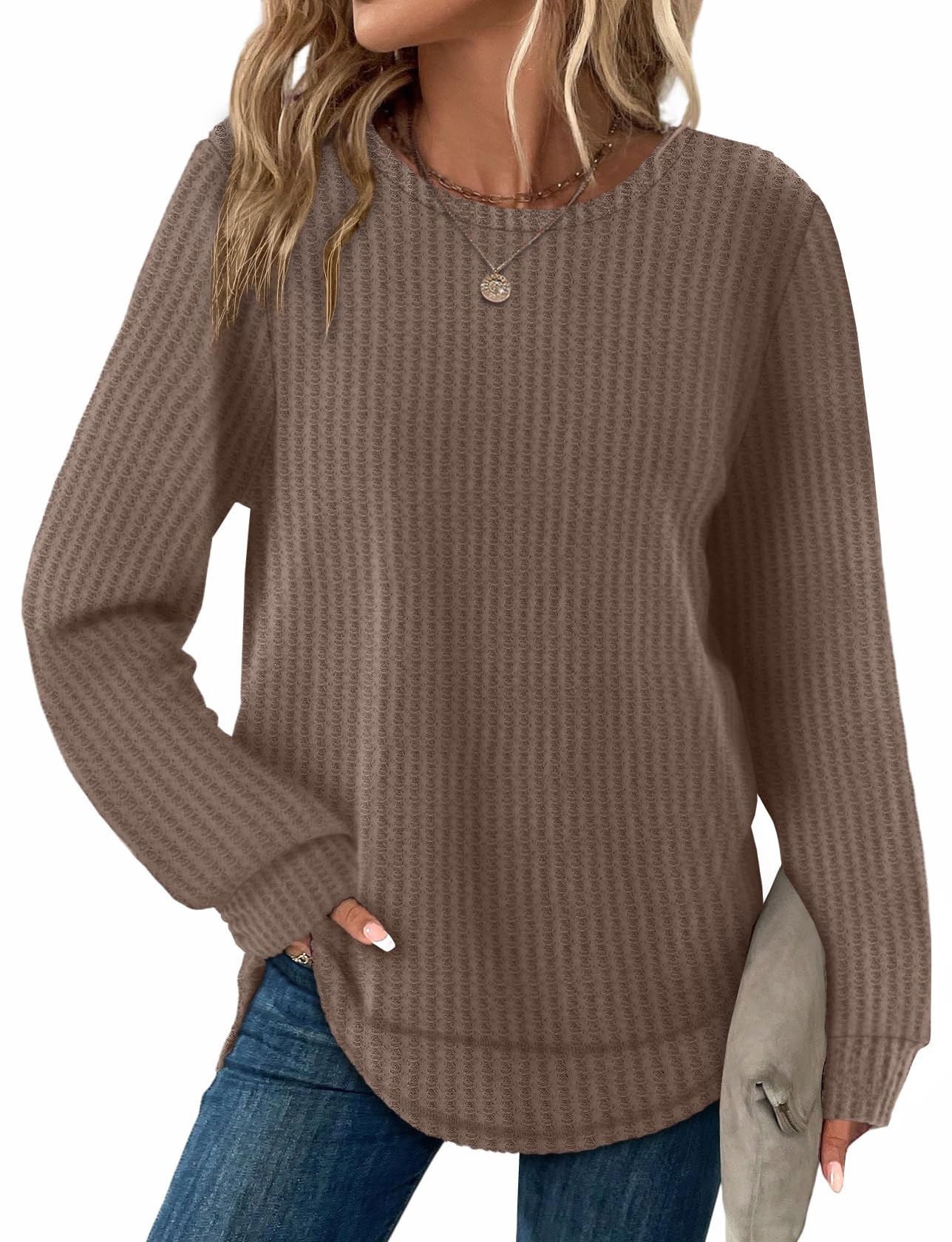 Women's Tunic Tops - Loose Fit Waffle Knit Long Sleeve Crewneck Sweaters