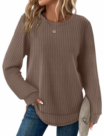 Women's Tunic Tops - Loose Fit Waffle Knit Long Sleeve Crewneck Sweaters