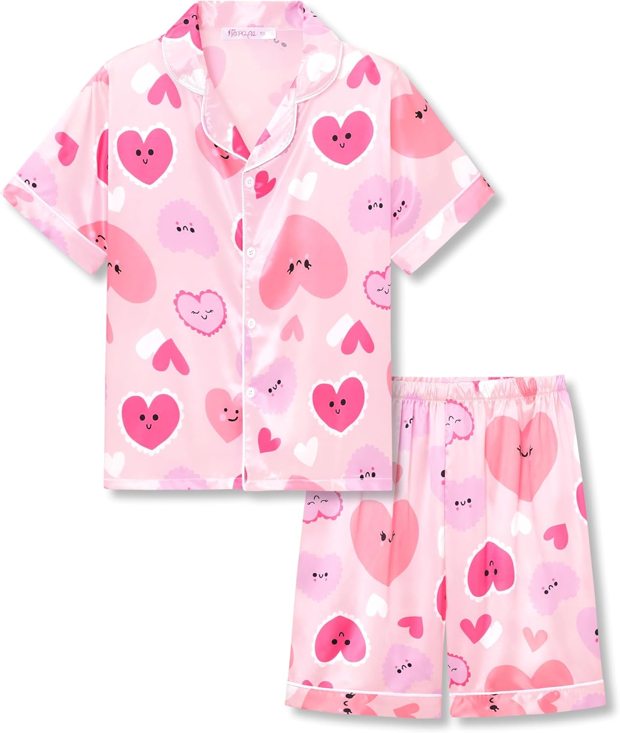 Girls Satin Pajama Set - Silky Button Down PJ with Shorts Size 6-16 Peach & Pink Heart (Short Sleeve & Shorts)