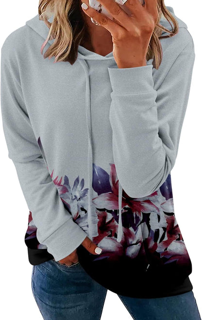 Pullover Hoodie - Tie Dye & Floral Print Hooded Sweatshirt with Pockets Small A H-floral Gray