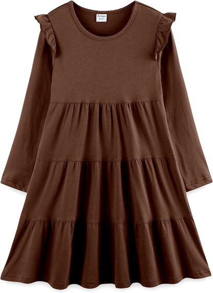 Bumeex Girl's Dresses Cotton Ruffle Sleeve Tiered Swing A-Line Cute Midi Casual Sundress #Brown