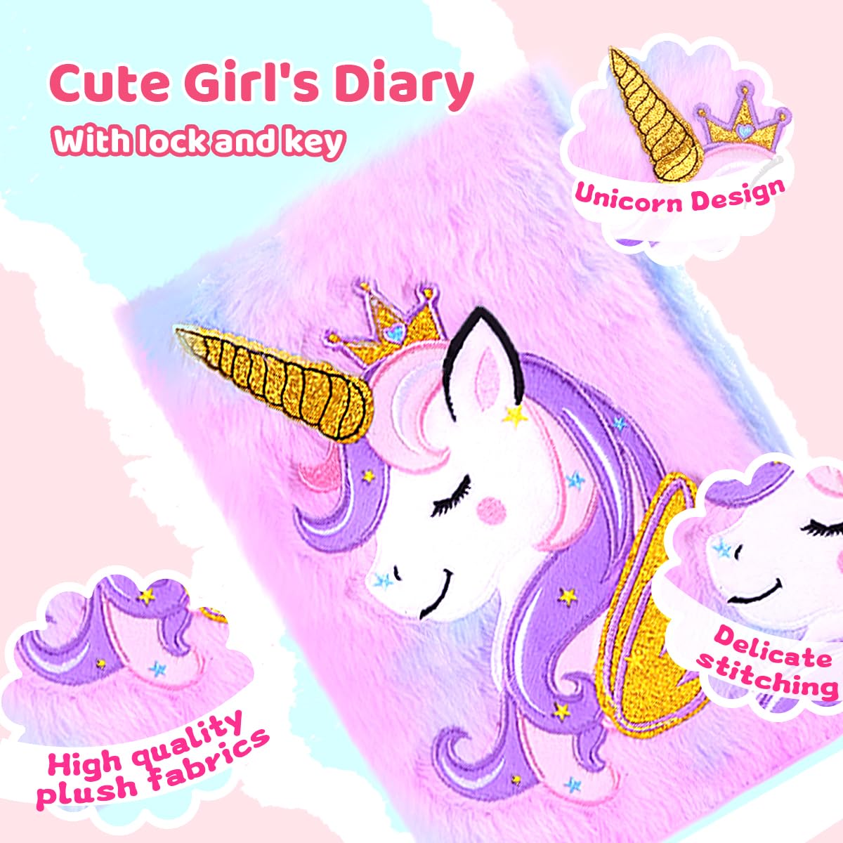 Girls Heart Diary with Lock and Keys - Cute Plush Secret Journal Notebook Gift Ages 6-8