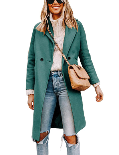 Wool Blend Pea Coat - Double Breasted Mid Length Trench Coat for Women Teal