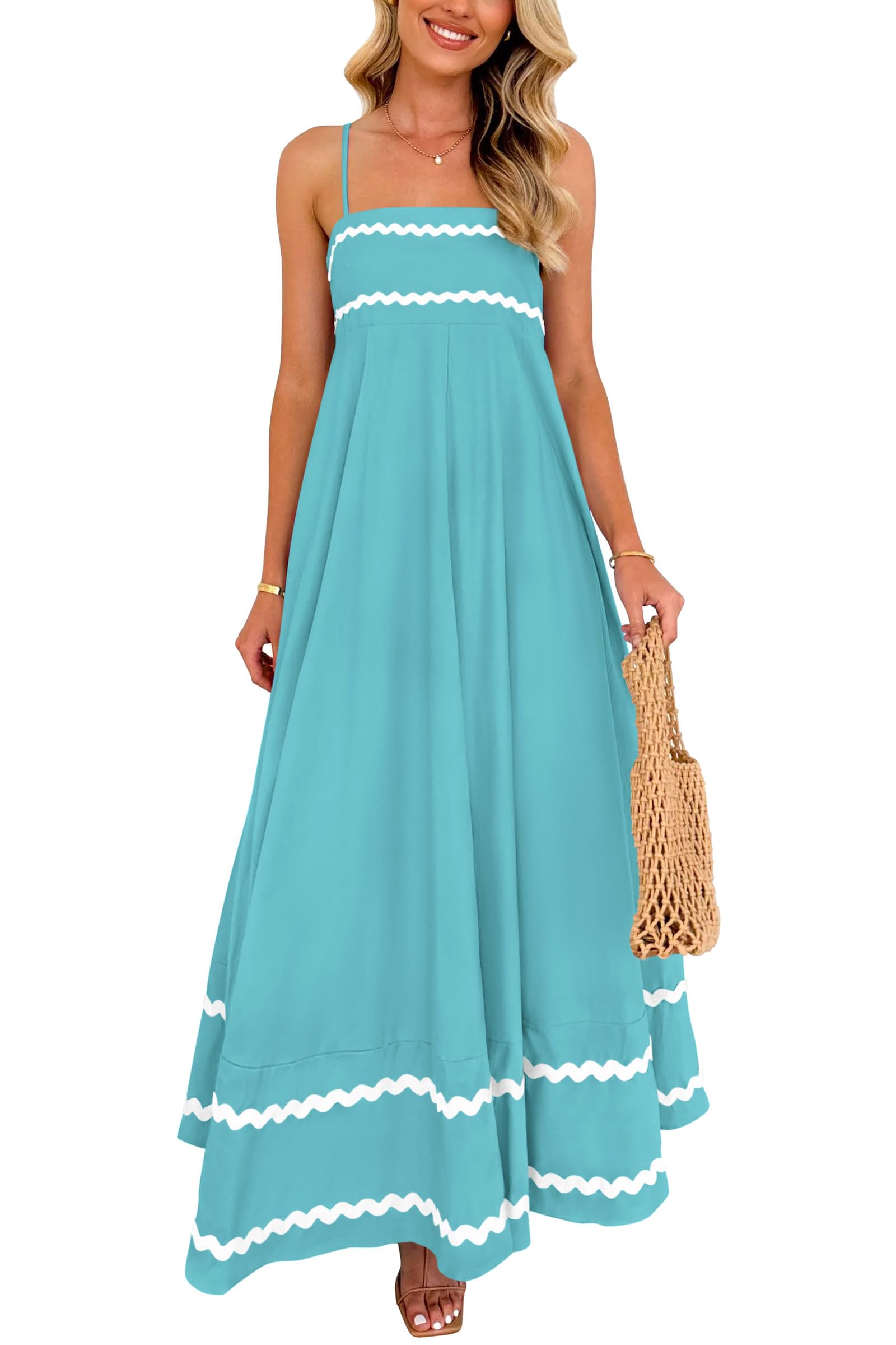 Blue Casual Dresses - Women's Sleeveless Spaghetti Strap Maxi Dress - Flowy Beach Ruffle