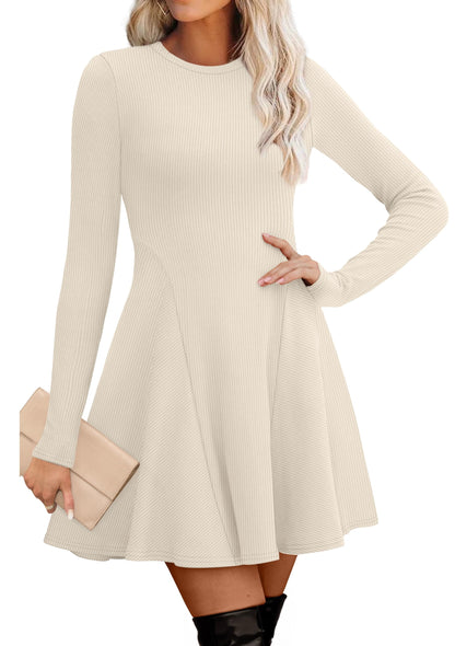 Women's Sweater Dress - Long Sleeve Ribbed Knit Fit and Flare A-Line Dress