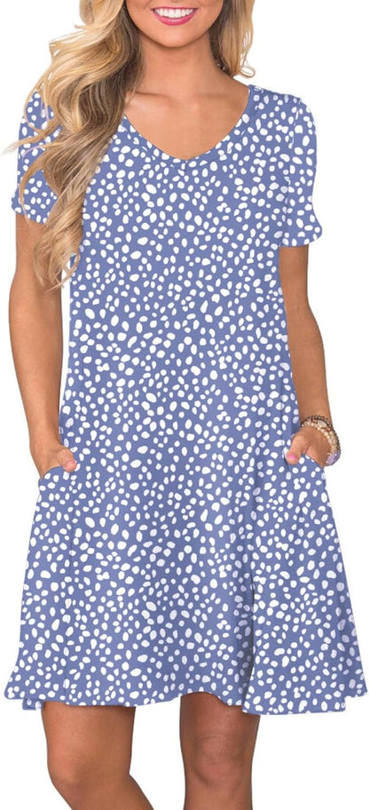 Women's Casual T-Shirt Dress Short Sleeve Summer Swing Dress with Pockets XX-Large Spots Blue