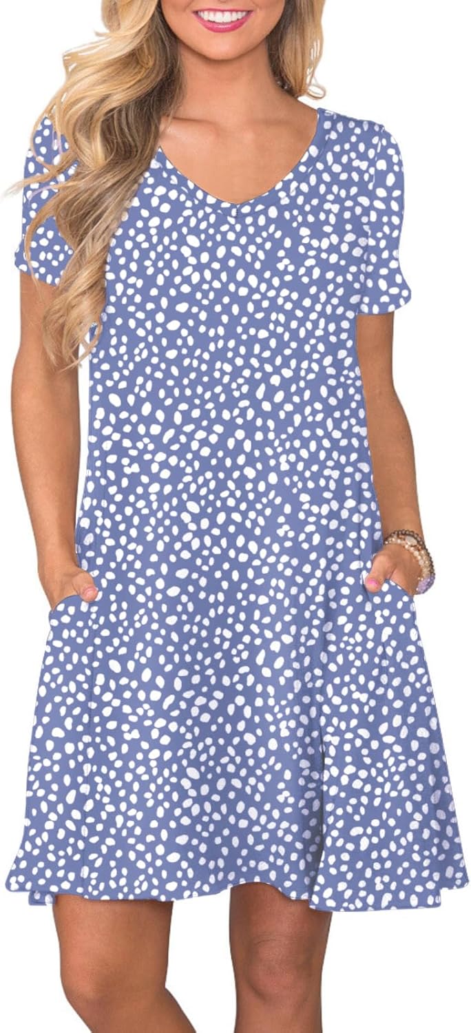 Women's Casual T-Shirt Dress Short Sleeve Summer Swing Dress with Pockets XX-Large Spots Blue