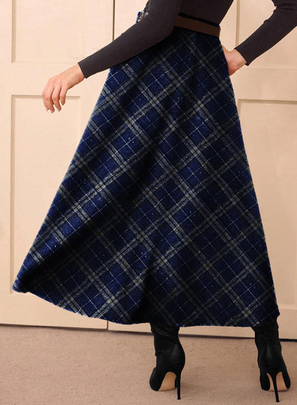 Women's Plaid Skirts - High Waist A-Line Midi Tartan Skirt with Pockets