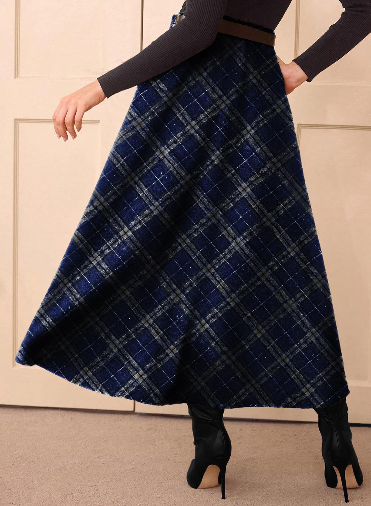 Women's Plaid Skirts - High Waist A-Line Midi Tartan Skirt with Pockets