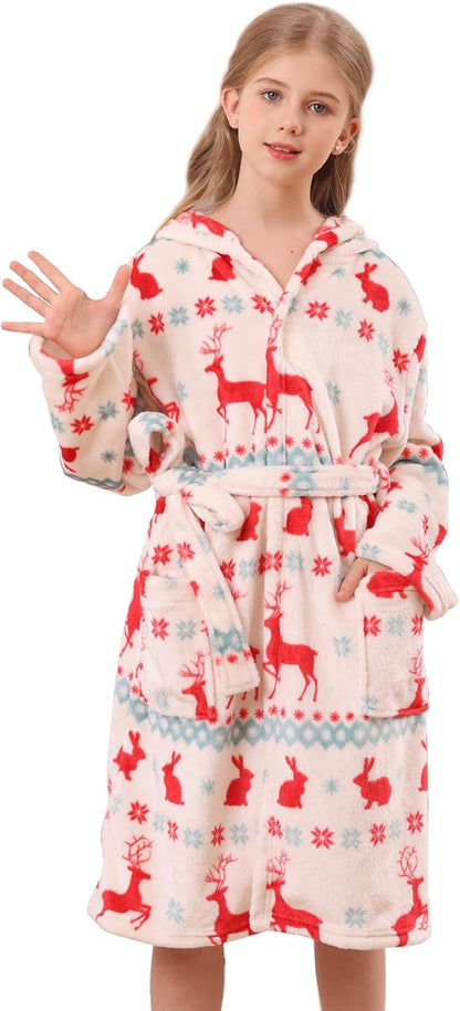 Girls Hooded Fleece Bathrobe - Soft Plush Warm Robe for Kids 3-14 Years Christmas Elk