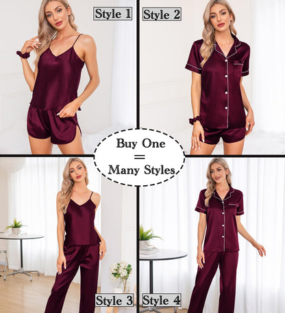 SWOMOG Womens Silk Satin Pajamas Sets 7pcs Sleepwear Sexy Cami Shorts Set and Button Down Short Sleeve Satin Pjs