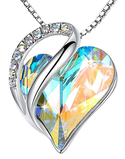 Infinity Love Birthstone Heart Necklace - 18K White Gold Plated Crystal Pendant Gift for Women 04-April-Rainbow Opal White