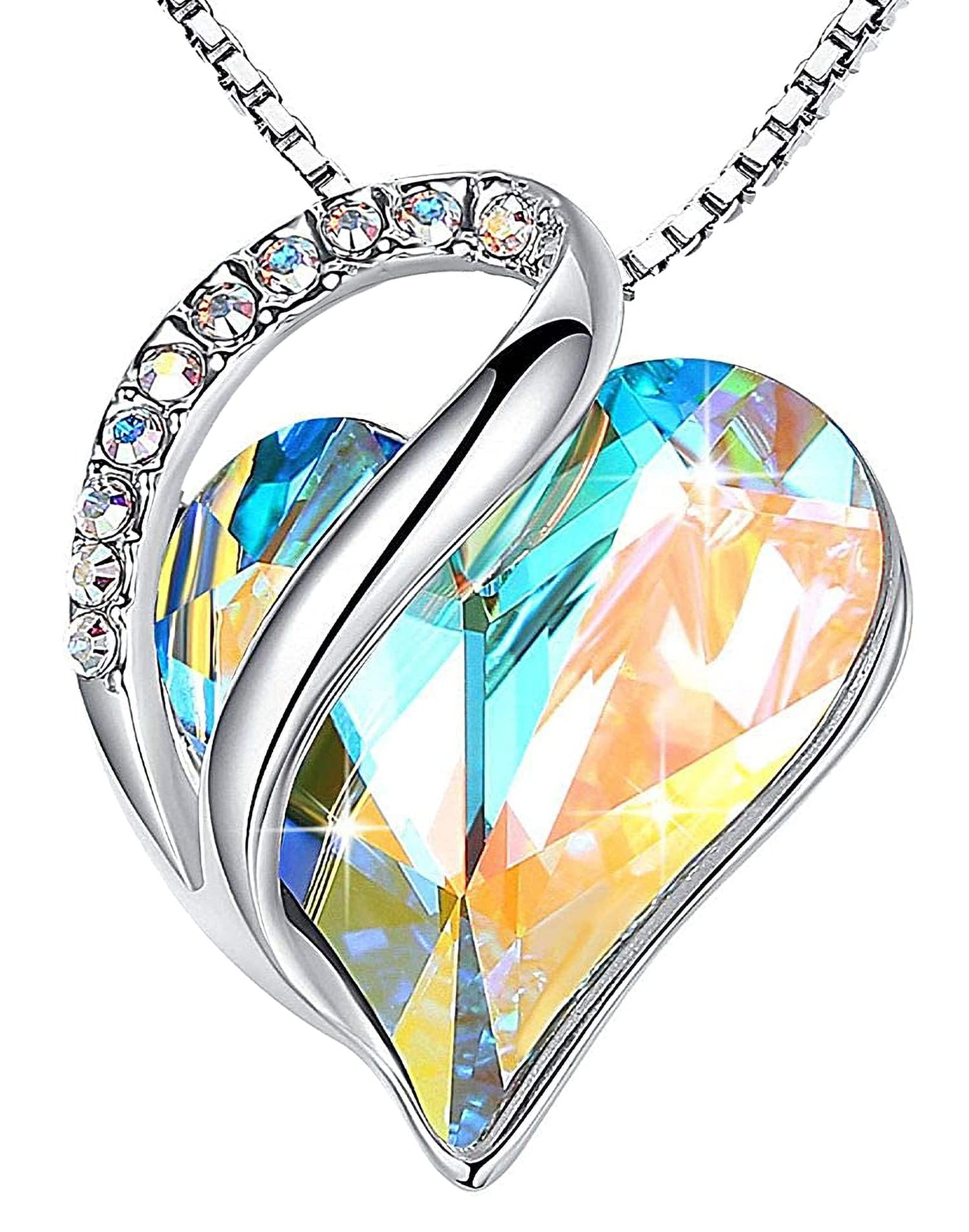 Infinity Love Birthstone Heart Necklace - 18K White Gold Plated Crystal Pendant Gift for Women 04-April-Rainbow Opal White