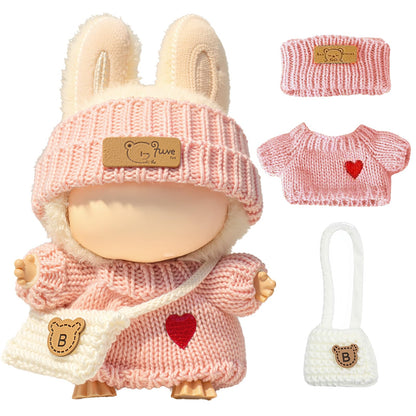 3 Piece Handmade Crochet Outfit for 17cm Dolls - Heart Sweater Hat & Bag Set Heart - Pink