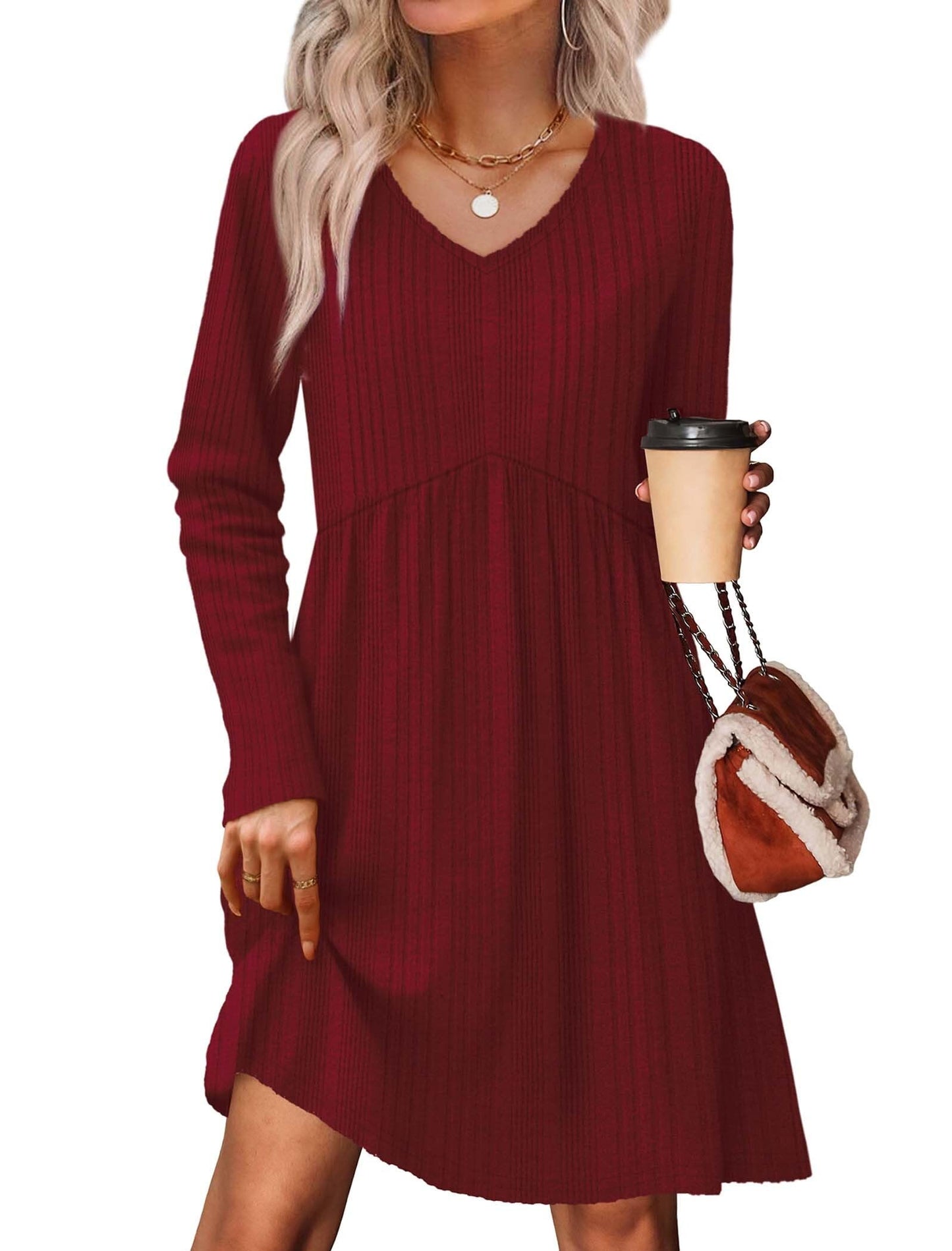 Women's Long Sleeve Sweater Dress - V Neck Empire Waist Babydoll Dress with Pockets Red