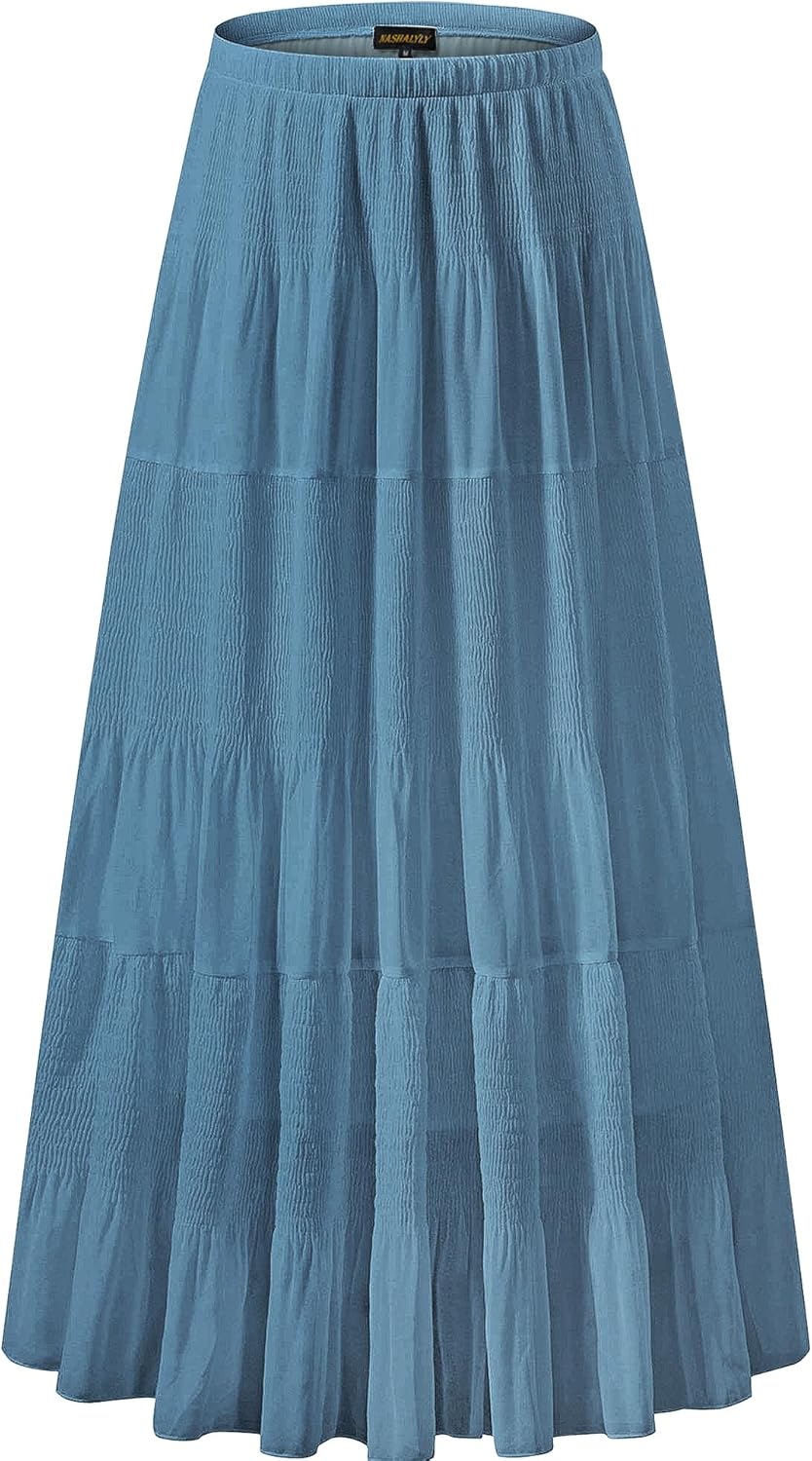 Chiffon Maxi Skirt for Women - High Waist Pleated A-Line Flared Long Skirt