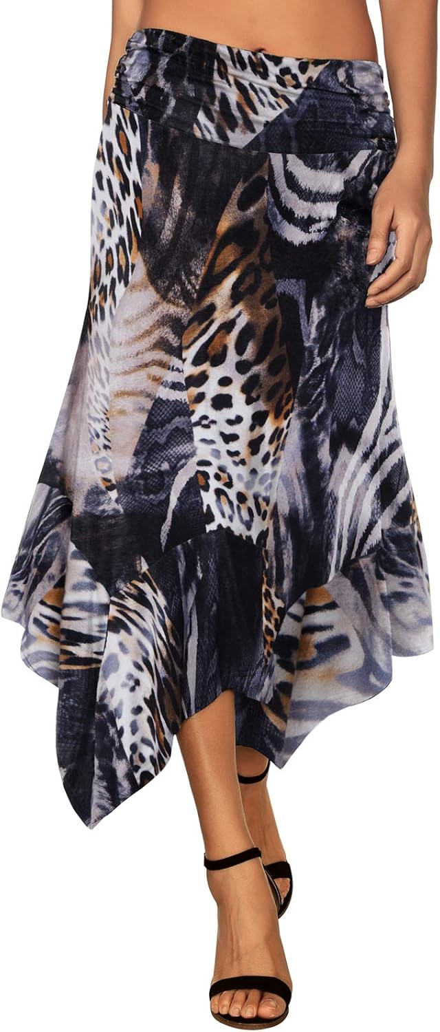 Women's Flowy Handkerchief Hemline Midi Skirt - Elastic Waist Asymmetrical Hem Leopard Print