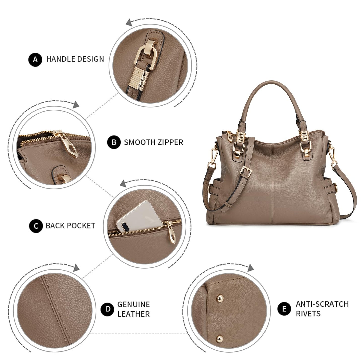 Women Genuine Leather Handbag - Soft Satchel Tote Shoulder Bag with Adjustable Strap