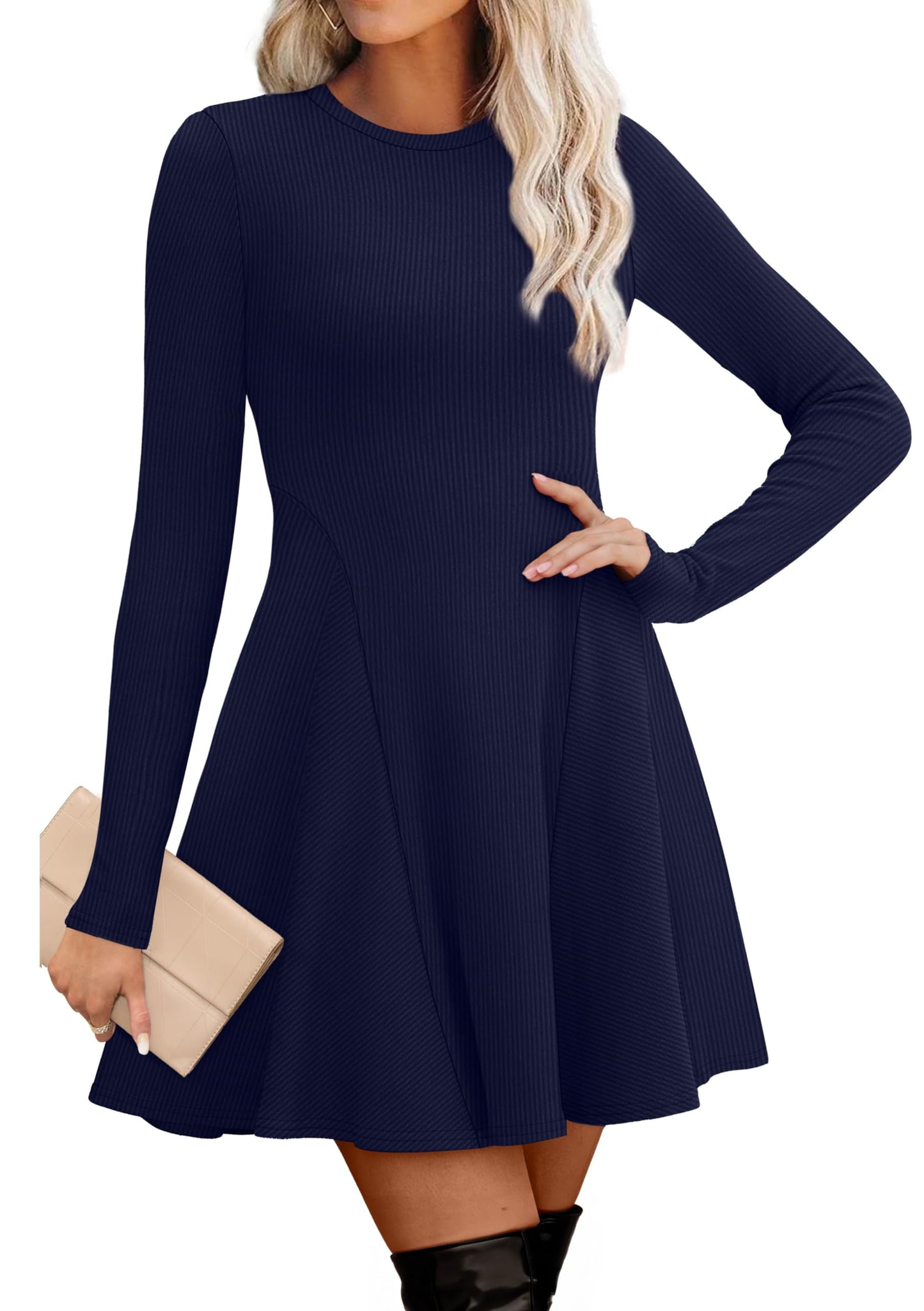 Women's Sweater Dress - Long Sleeve Ribbed Knit Fit and Flare A-Line Dress Navy Blue