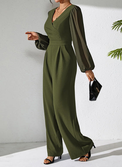 Pink Queen Jumpsuits for Women Dressy Patchwork Chiffon Sleeve V Neck Wide Leg Romper Holiday Party Outfits