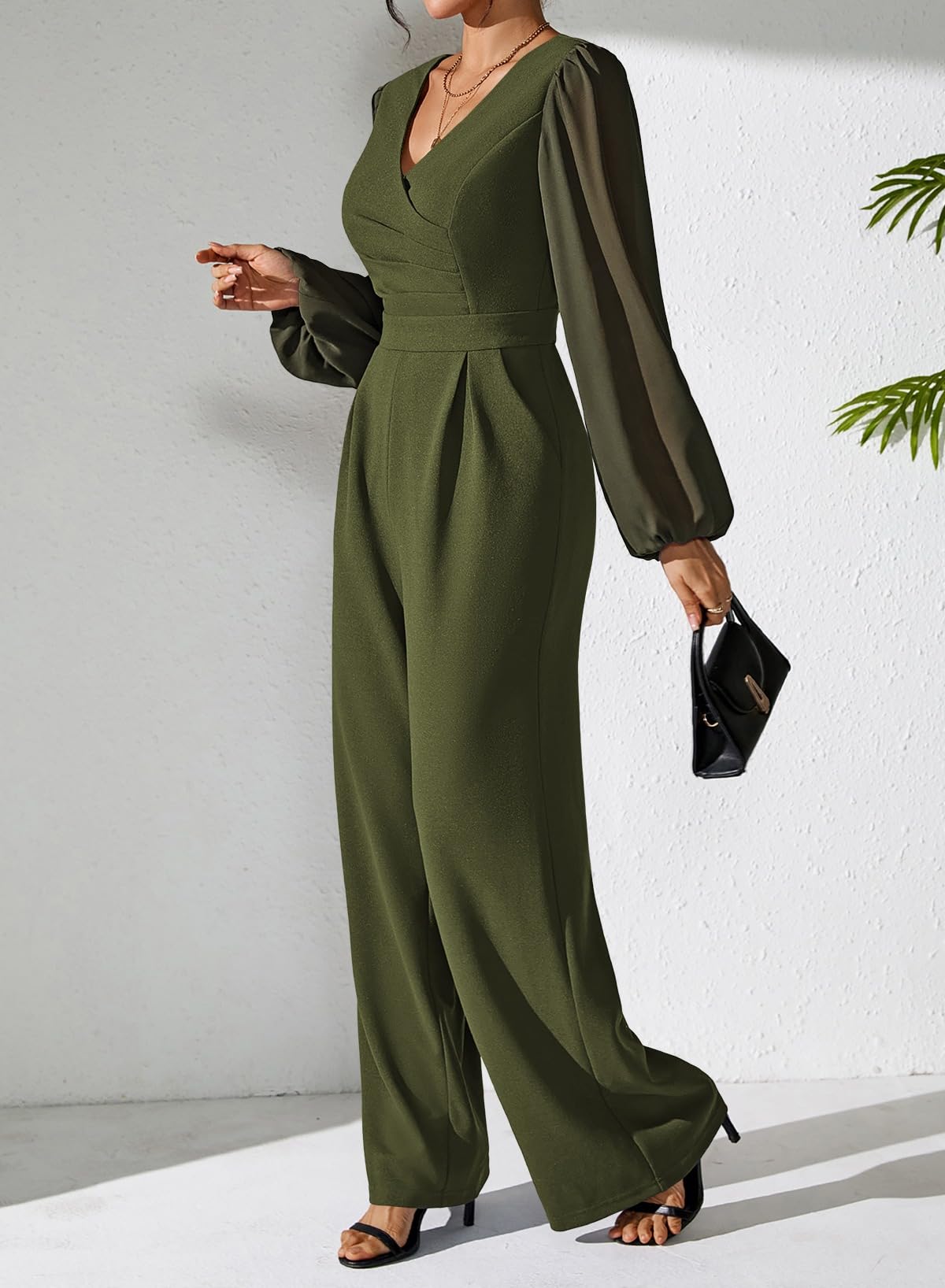 Pink Queen Jumpsuits for Women Dressy Patchwork Chiffon Sleeve V Neck Wide Leg Romper Holiday Party Outfits