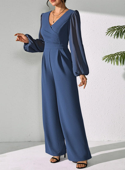 Pink Queen Jumpsuits for Women Dressy Patchwork Chiffon Sleeve V Neck Wide Leg Romper Holiday Party Outfits
