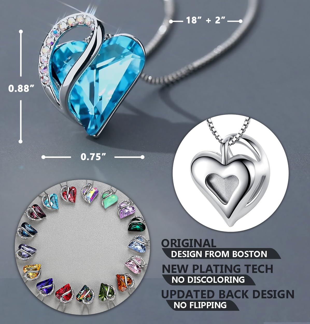 Infinity Love Birthstone Heart Necklace - 18K White Gold Plated Crystal Pendant Gift for Women