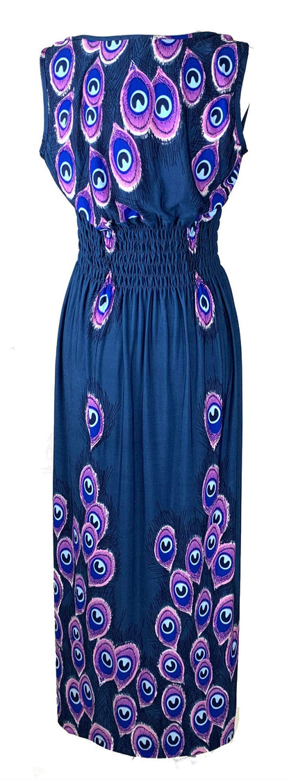 Smocked Maxi Dress - V Neck Exotic Print Dress for Maternity & Plus Size