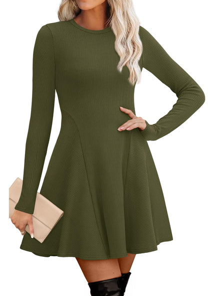 Women's Sweater Dress - Long Sleeve Ribbed Knit Fit and Flare A-Line Dress Olive Green