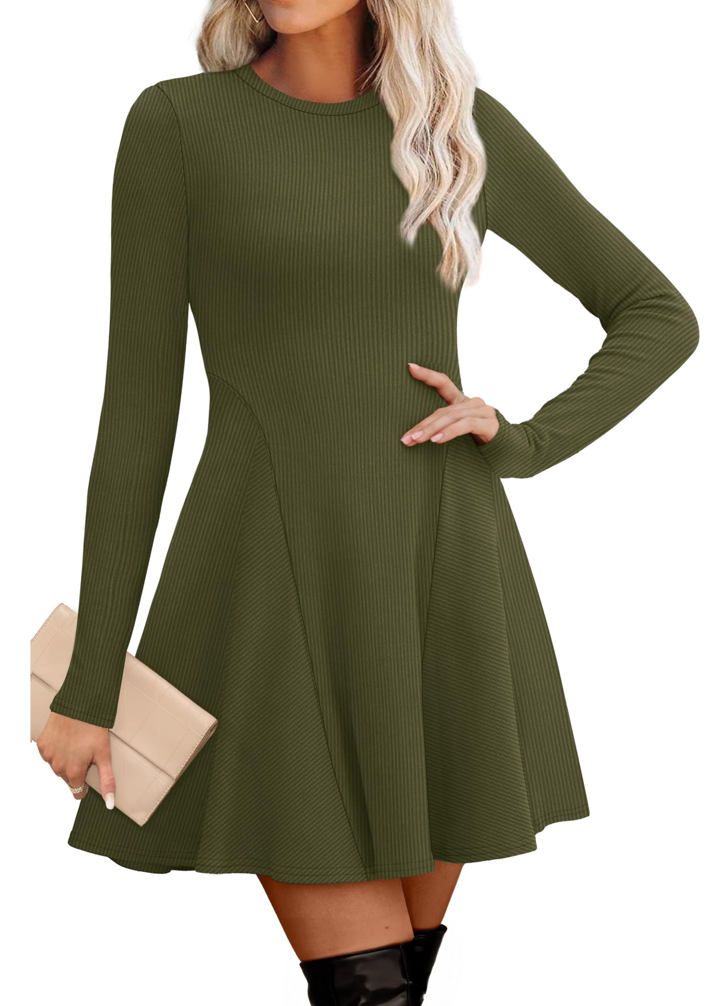 Women's Sweater Dress - Long Sleeve Ribbed Knit Fit and Flare A-Line Dress Olive Green