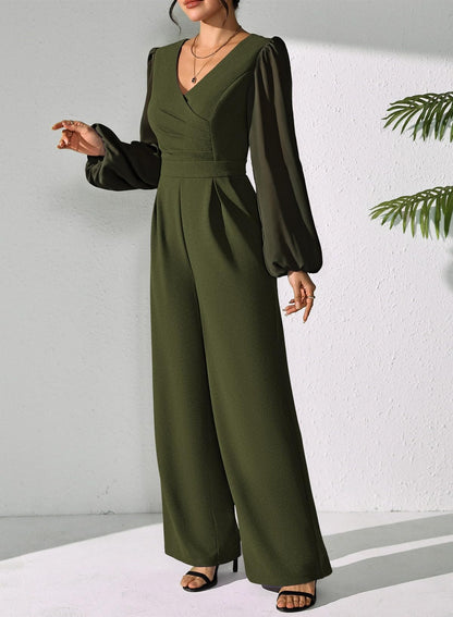 Pink Queen Jumpsuits for Women Dressy Patchwork Chiffon Sleeve V Neck Wide Leg Romper Holiday Party Outfits