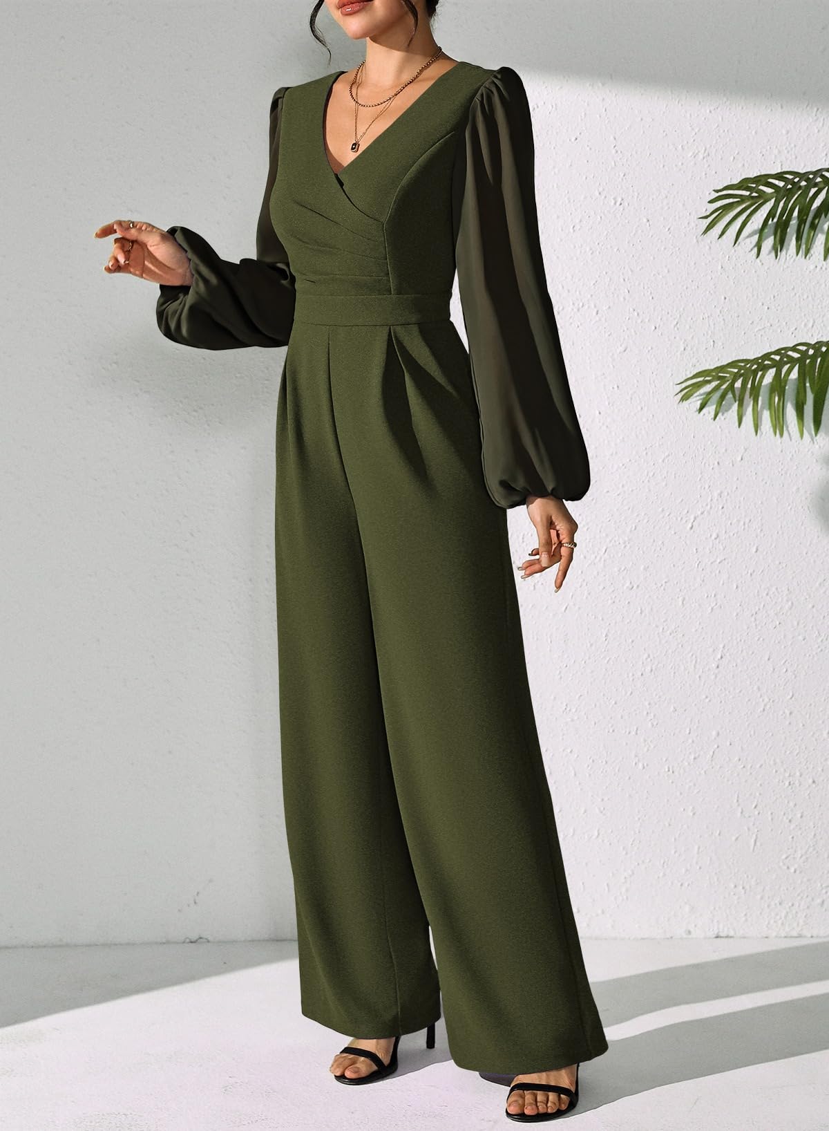 Pink Queen Jumpsuits for Women Dressy Patchwork Chiffon Sleeve V Neck Wide Leg Romper Holiday Party Outfits