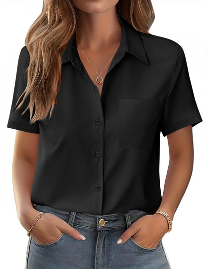 Polyester Blouse - Women's Button Down Shirt Short Sleeve Business Casual Blouse with Chest Pocket Black