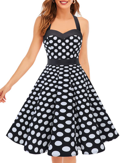 Vintage 1950s Cocktail Dress - Retro Halter Swing Dress for Party & Wedding Black White Dot