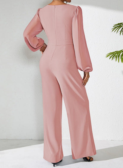 Pink Queen Jumpsuits for Women Dressy Patchwork Chiffon Sleeve V Neck Wide Leg Romper Holiday Party Outfits