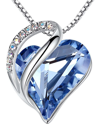 Infinity Love Birthstone Heart Necklace - 18K White Gold Plated Crystal Pendant Gift for Women 03-March & December-Light Sapphire Blue