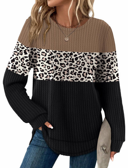 Women's Tunic Tops - Loose Fit Waffle Knit Long Sleeve Crewneck Sweaters