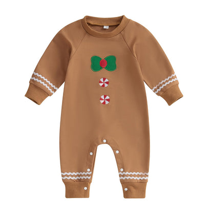 Baby Halloween Pumpkin Patch Romper - Long Sleeve Fall Winter Jumpsuit Brown Gingerbread Man Christmas