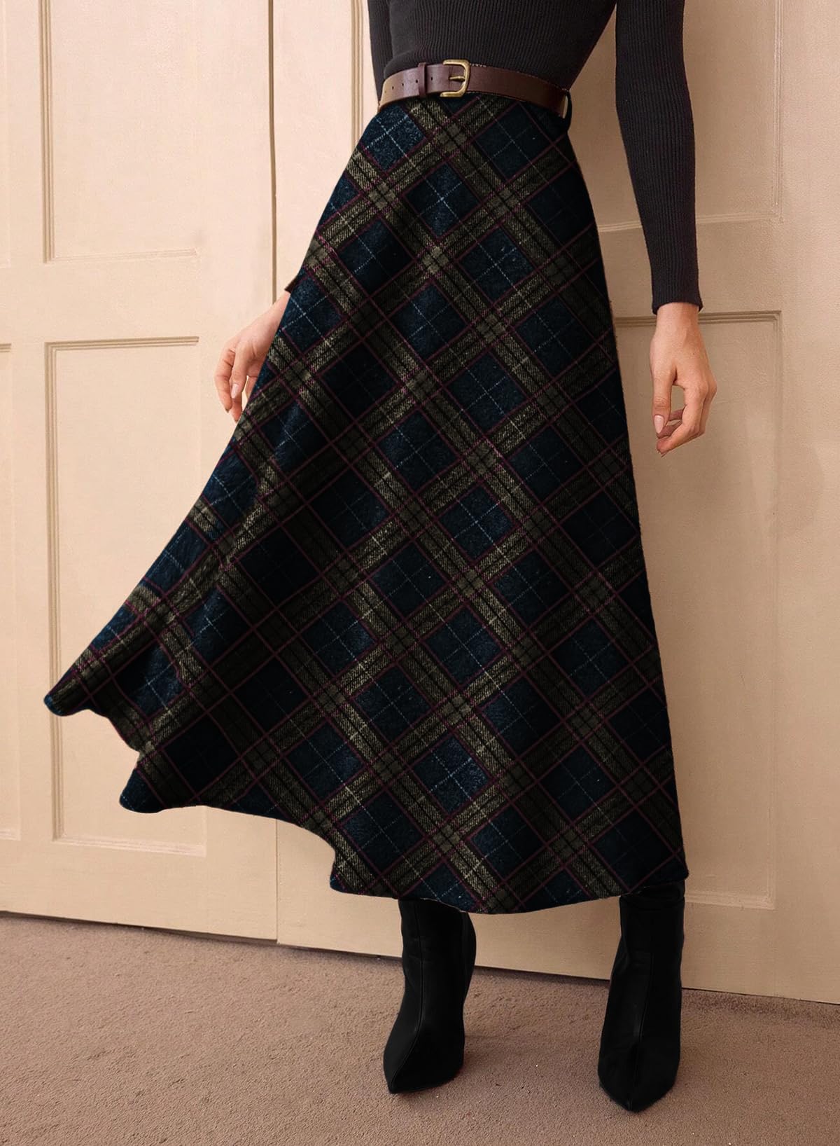 Women's Plaid Skirts - High Waist A-Line Midi Tartan Skirt with Pockets