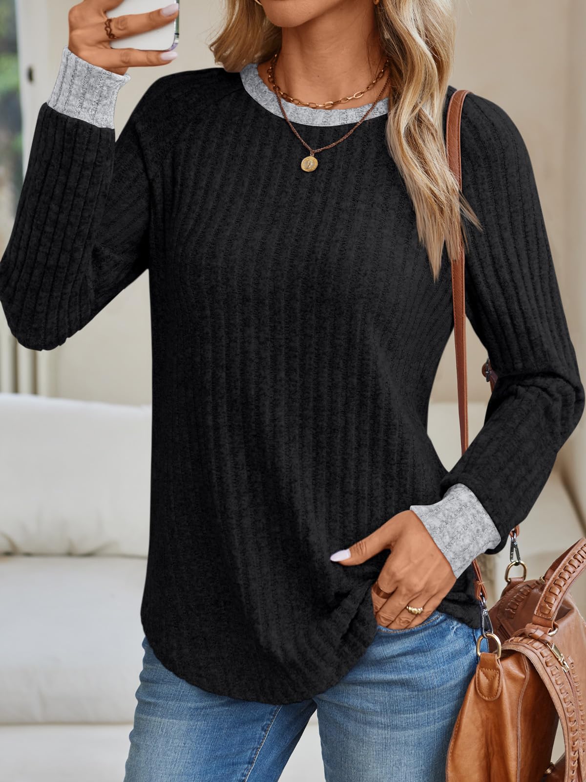 Women's Long Sleeve Tunic Tops - Dressy Casual Color Block Sweaters