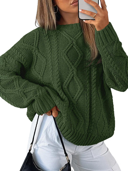 Women's Oversized Cable Knit Crewneck Sweaters - Cozy Fall Pullover