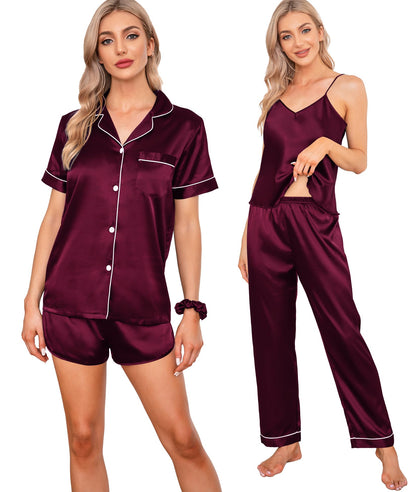 SWOMOG Womens Silk Satin Pajamas Sets 7pcs Sleepwear Sexy Cami Shorts Set and Button Down Short Sleeve Satin Pjs