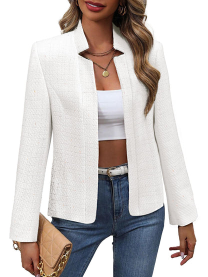 Women's Tweed Blazer Jacket - Open Front Stand Collar Professional Work Coat 2-plaid-beige
