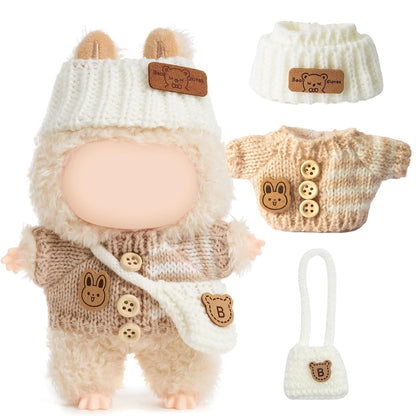 3 Piece Handmade Crochet Outfit for 17cm Dolls - Heart Sweater Hat & Bag Set Bunny - Beige