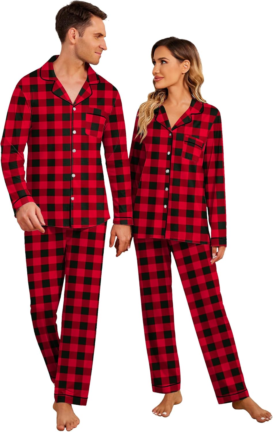 Christmas Family Matching Pajamas - Long Sleeve Button Down PJ Set Red Black Plaid